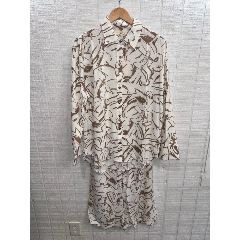 Entro 2 Piece Set Women White Tan Abstract Print Button Down Wide Leg Pants M
